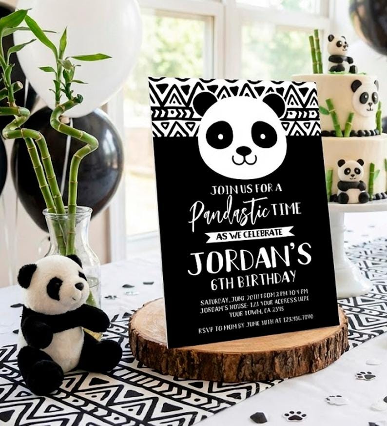 Panda Birthday Party Invitation Editable Template, Instant Download