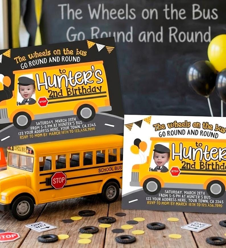 Wheels on the Bus Birthday Invitation with Photo, Personalized Digital Design