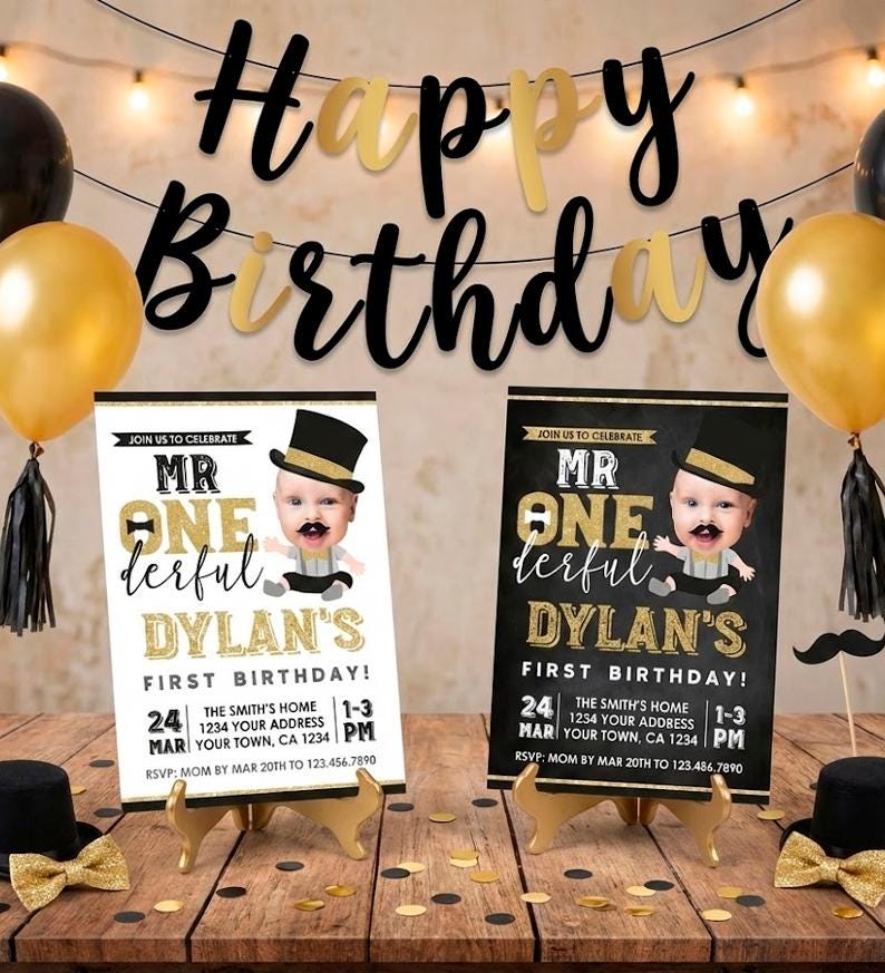 Mr Onederful First Birthday Invitation with Photo, Personalized Digital Designs