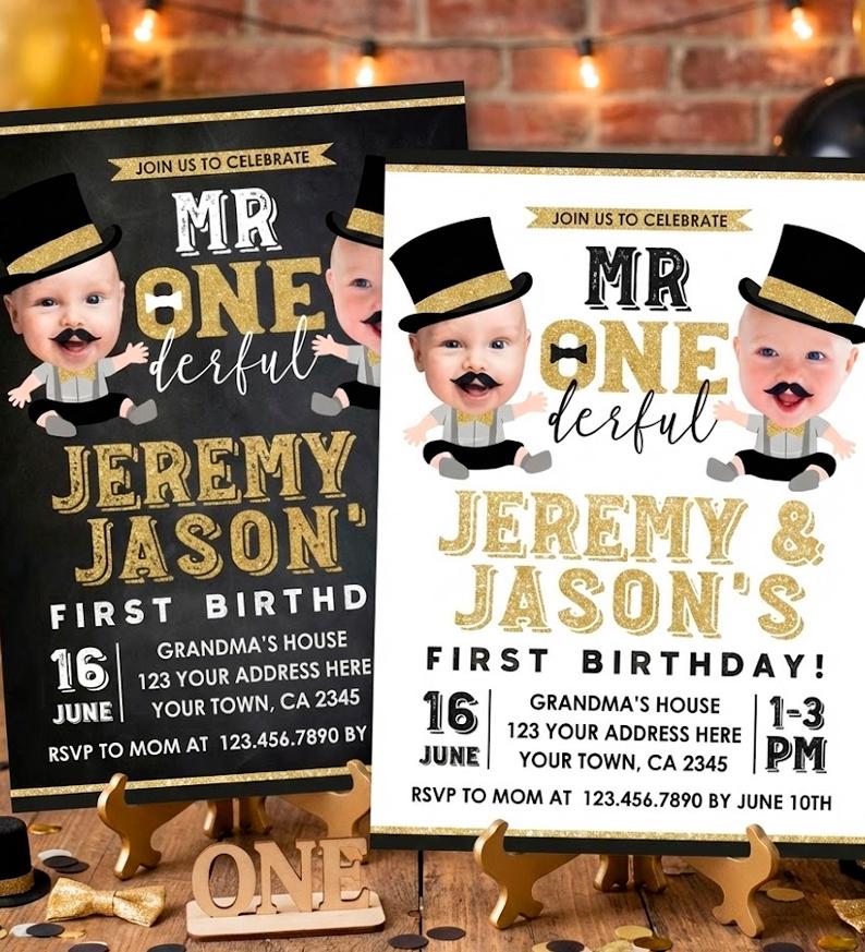 Mr. Onederful Twins Birthday Personalized Invitation with Photo, Digital Design