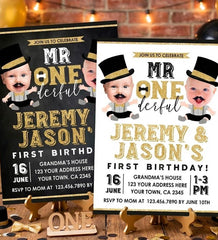 Mr. Onederful Twins Birthday Personalized Invitation with Photo, Digital Design