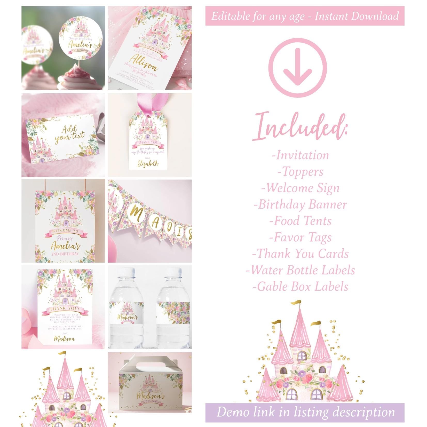 Princess Birthday Party Bundle Editable Templates for any age, Instant Download