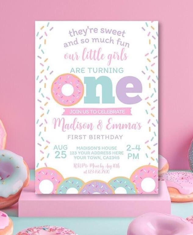 Donut Twins 1st Birthday Invitation, Sprinkles Party (EDITABLE)