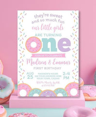 Donut Twins 1st Birthday Invitation, Sprinkles Party (EDITABLE)