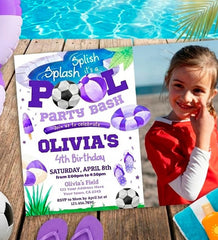 Soccer Pool Birthday Photo Invitation, Editable Girl's Summer Party (Digital Item)
