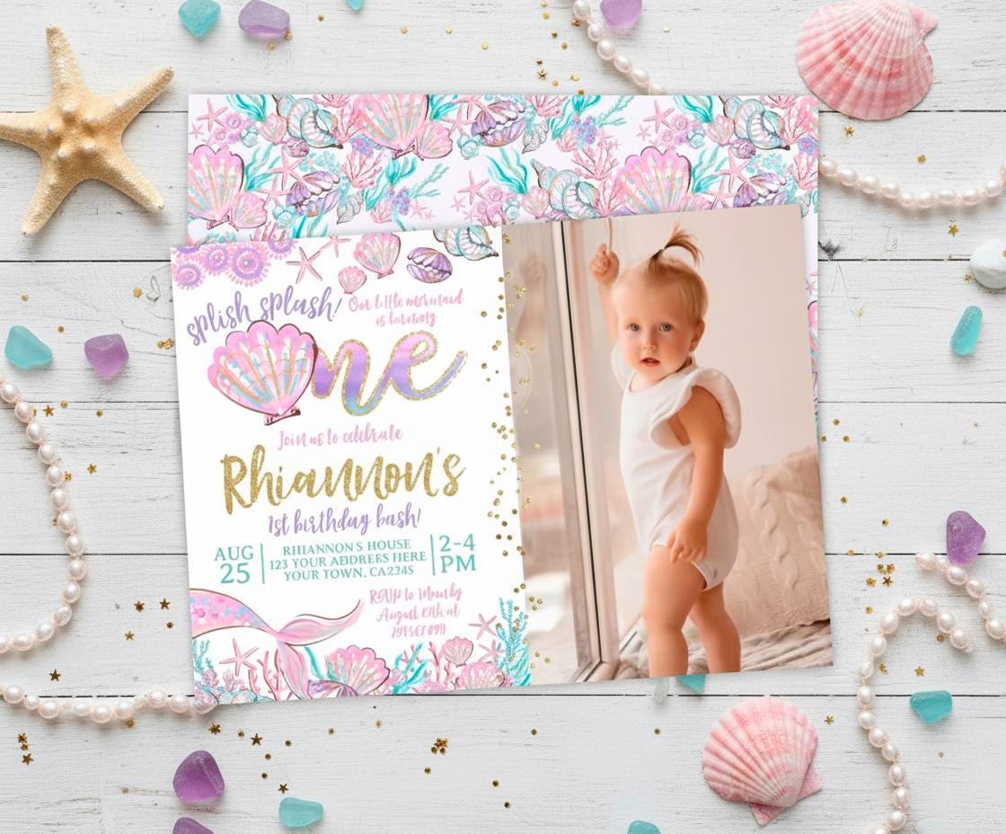 Mermaid 1st Birthday Invitation Editable Template with photo, Instant Download