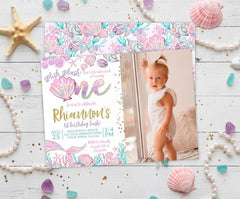 Mermaid 1st Birthday Invitation Editable Template with photo, Instant Download
