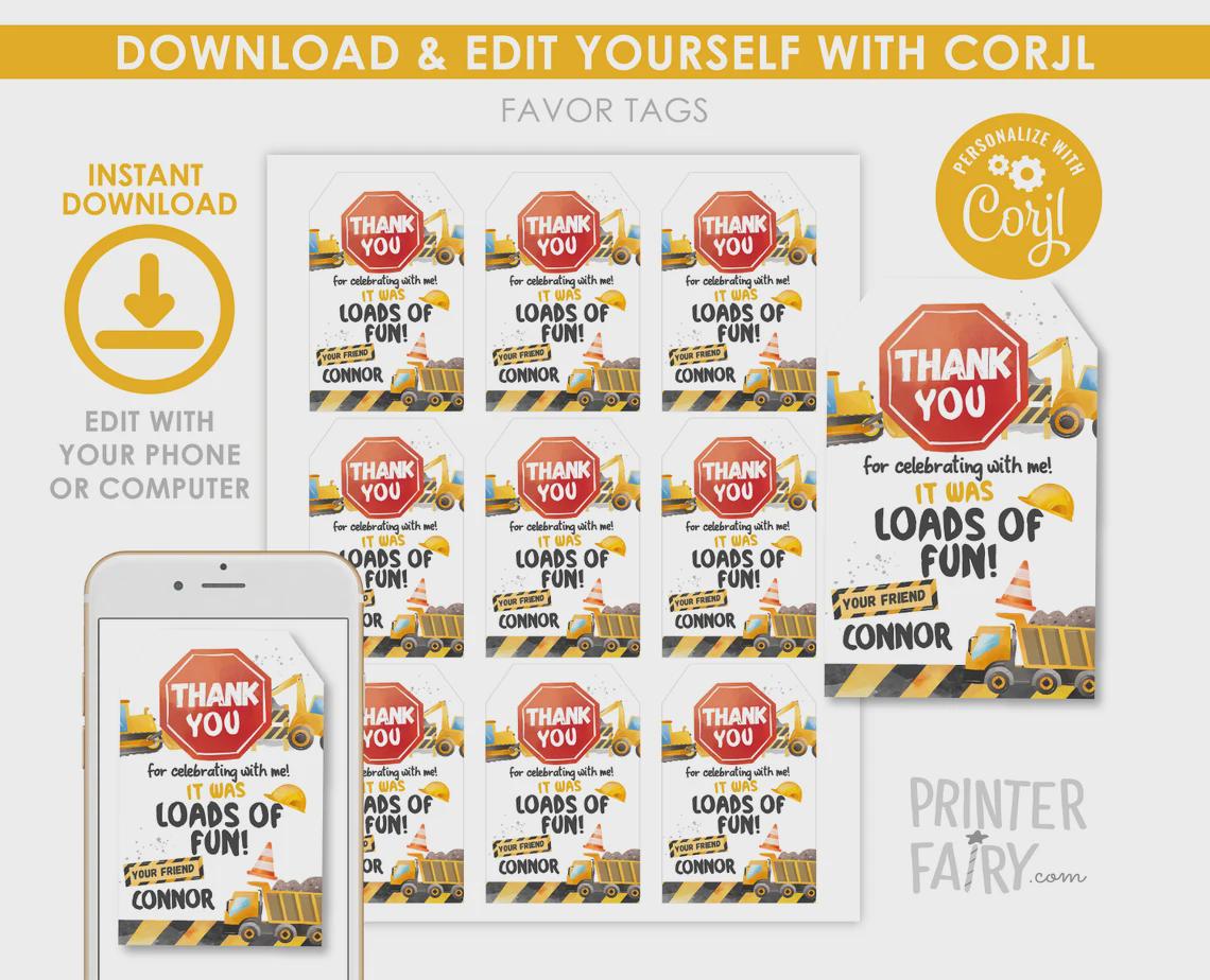 Construction 1st Birthday Party Bundle Editable Templates, Instant Download