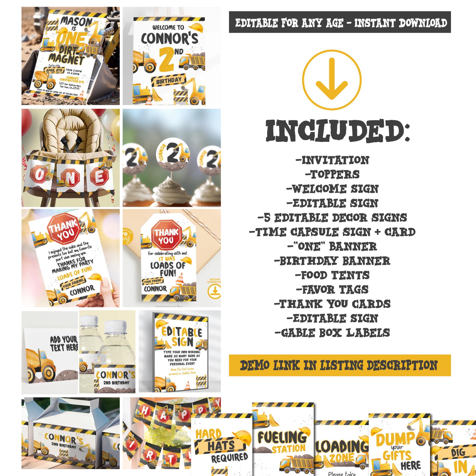 Construction 1st Birthday Party Bundle Editable Templates, Instant Download