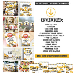 Construction 1st Birthday Party Bundle Editable Templates, Instant Download