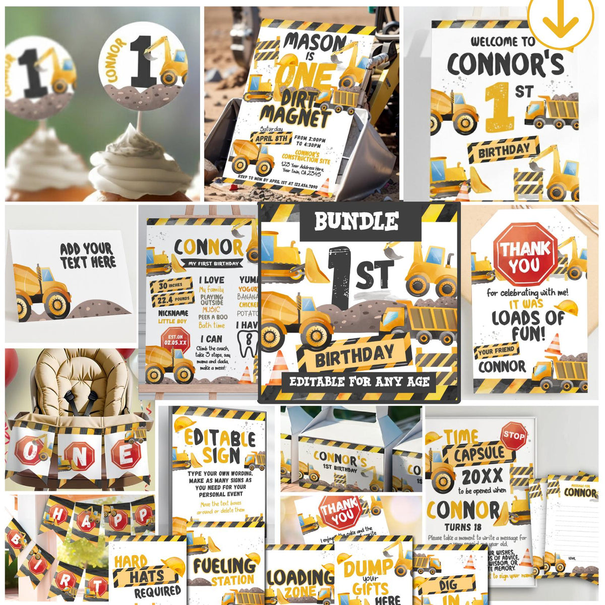 Construction 1st Birthday Party Bundle Editable Templates, Instant Download