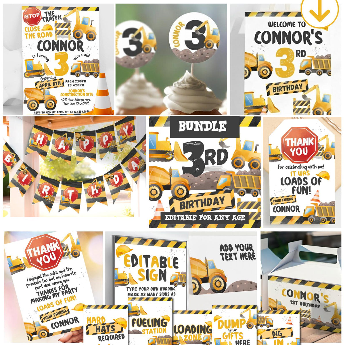 Construction 3rd Birthday Party Bundle Editable Templates, Instant Download