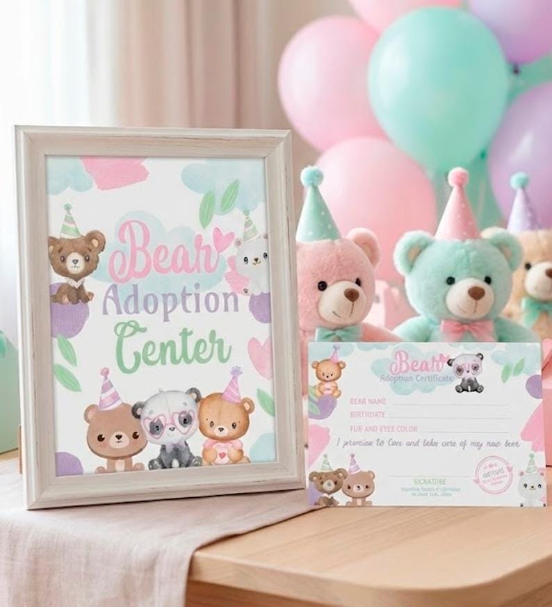 Bear Adoption Party Sign and Certificate Pet Adopt Editable Templates, Instant Download