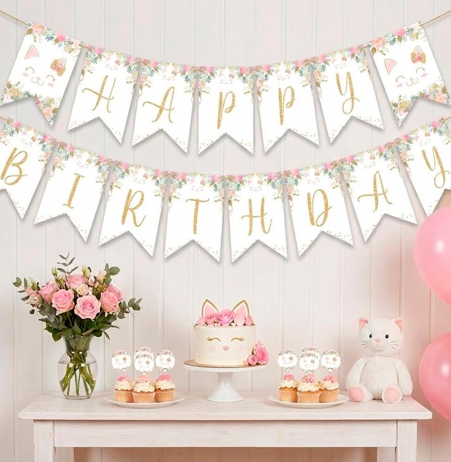 Floral Kitty Cat Birthday Banner Editable Template, INSTANT DOWNLOAD