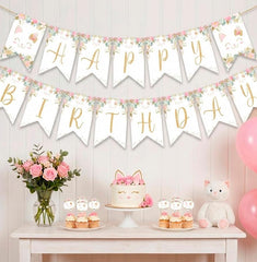 Floral Kitty Cat Birthday Banner Editable Template, INSTANT DOWNLOAD