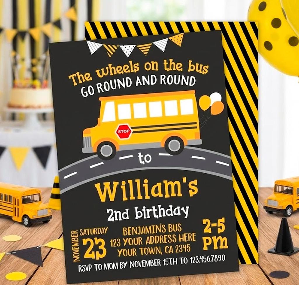 Wheels on the Bus Birthday Invitation, EDITABLE (Digital Download)
