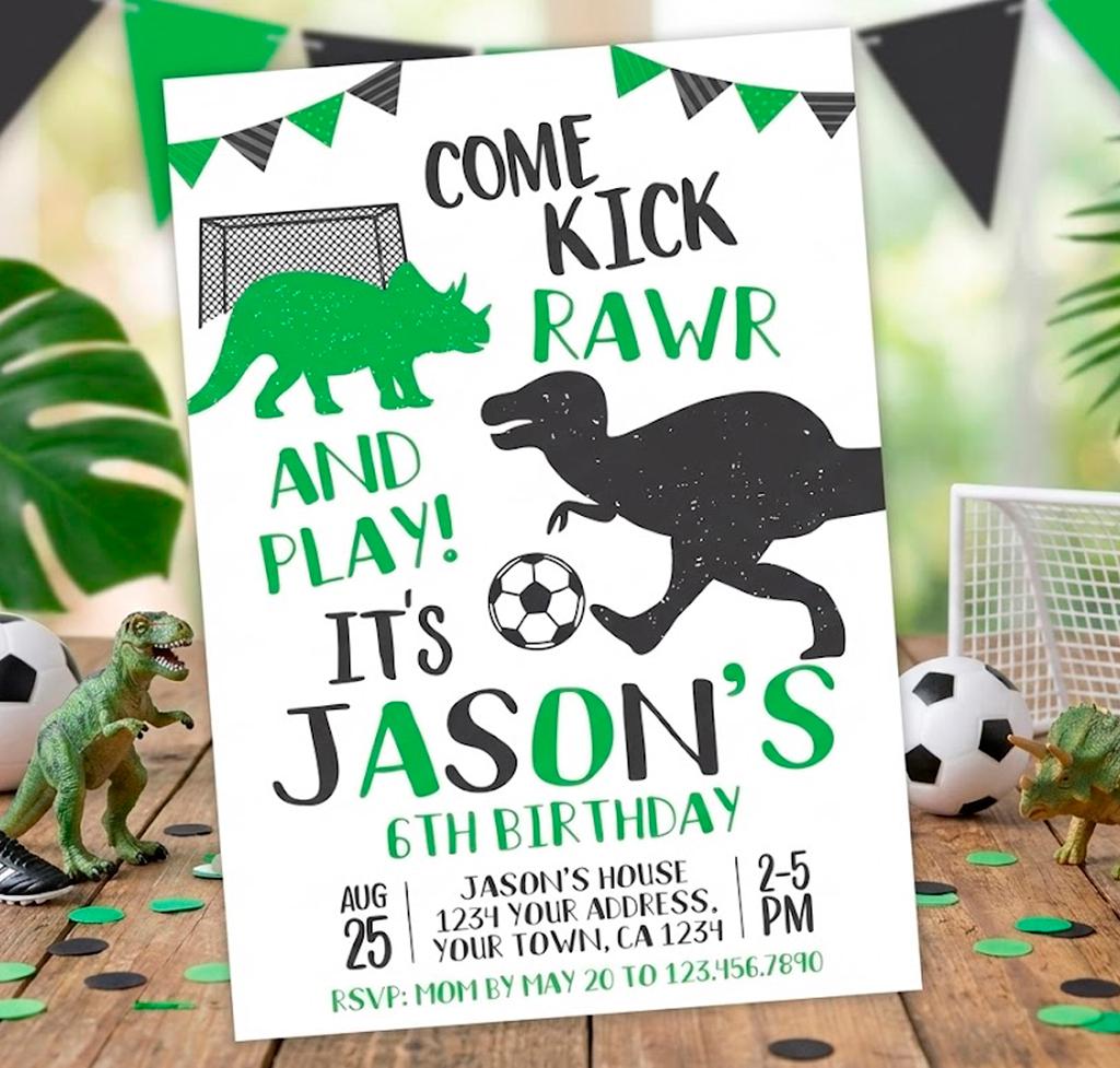 Dinosaur Soccer Birthday Invitation Editable Template, Instant Download