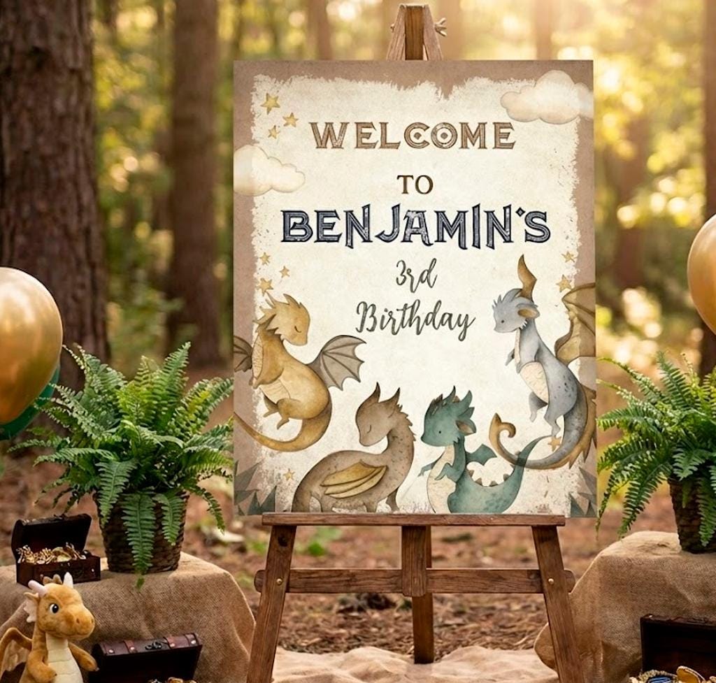 Dragon Birthday Party Welcome Sign EDITABLE template, Insant Download