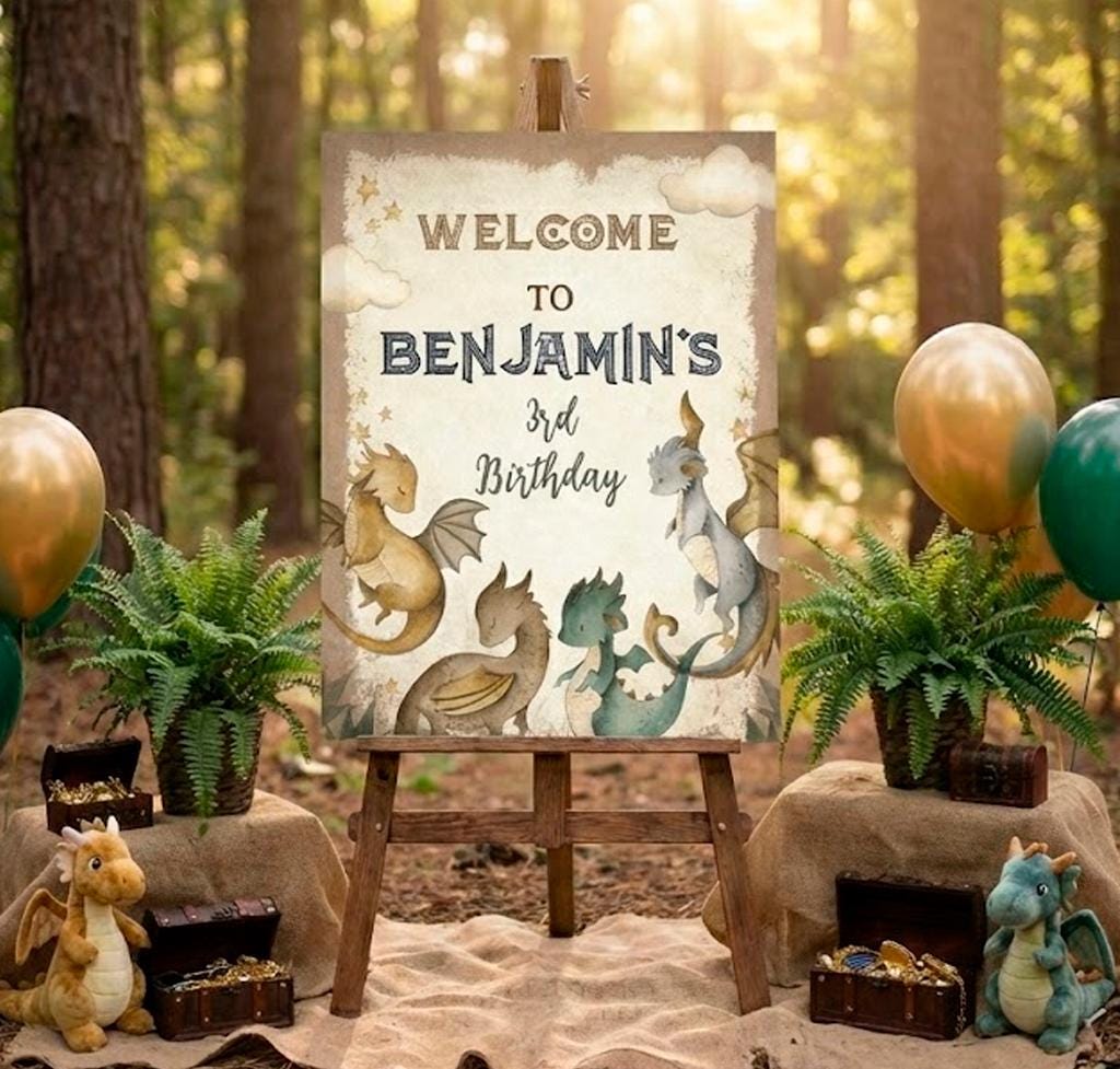 Dragon Birthday Party Welcome Sign EDITABLE template, Insant Download
