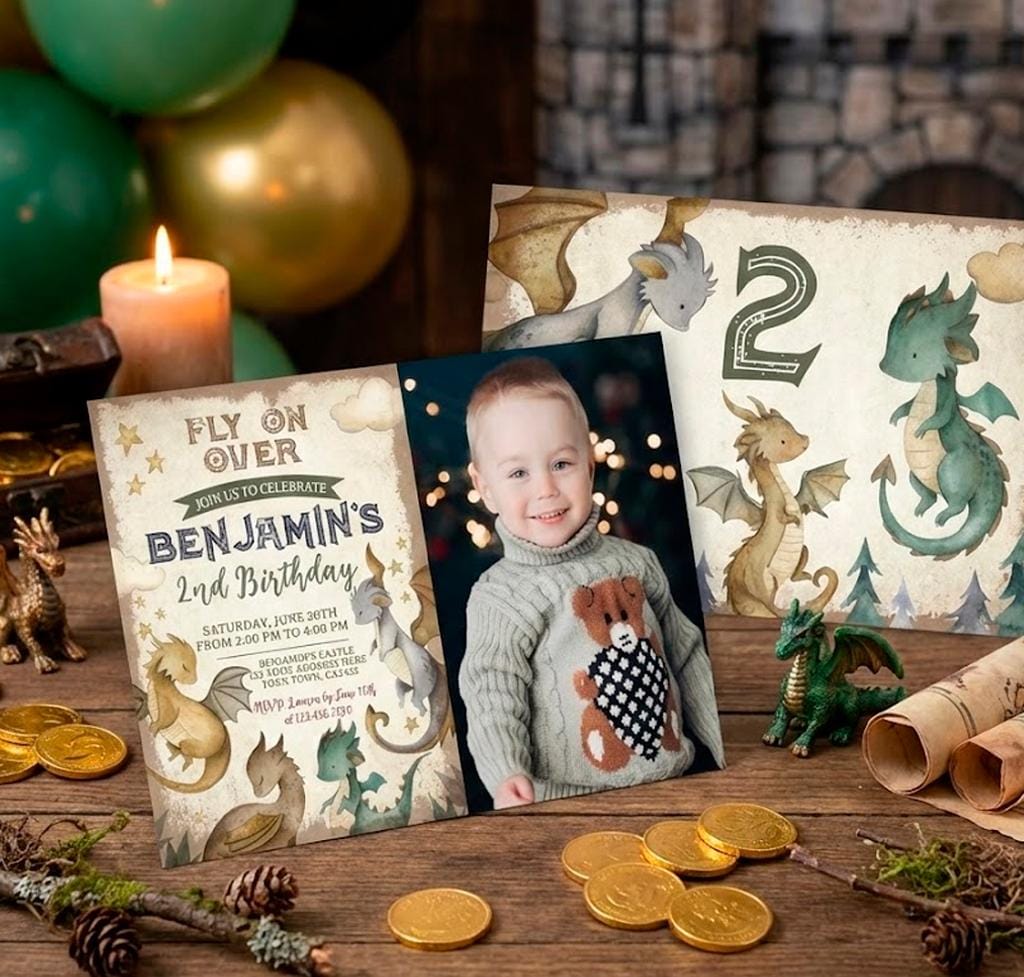 Dragon Birthday Party Theme Invitation with photo Editable Template for Any Age, Instant Download
