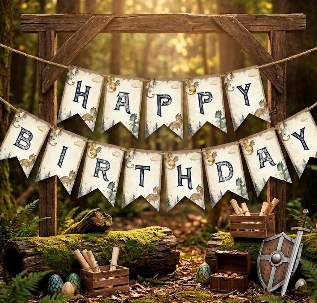 Dragon Birthday Party Printable Bunting Banner Editable Template, Instant Download