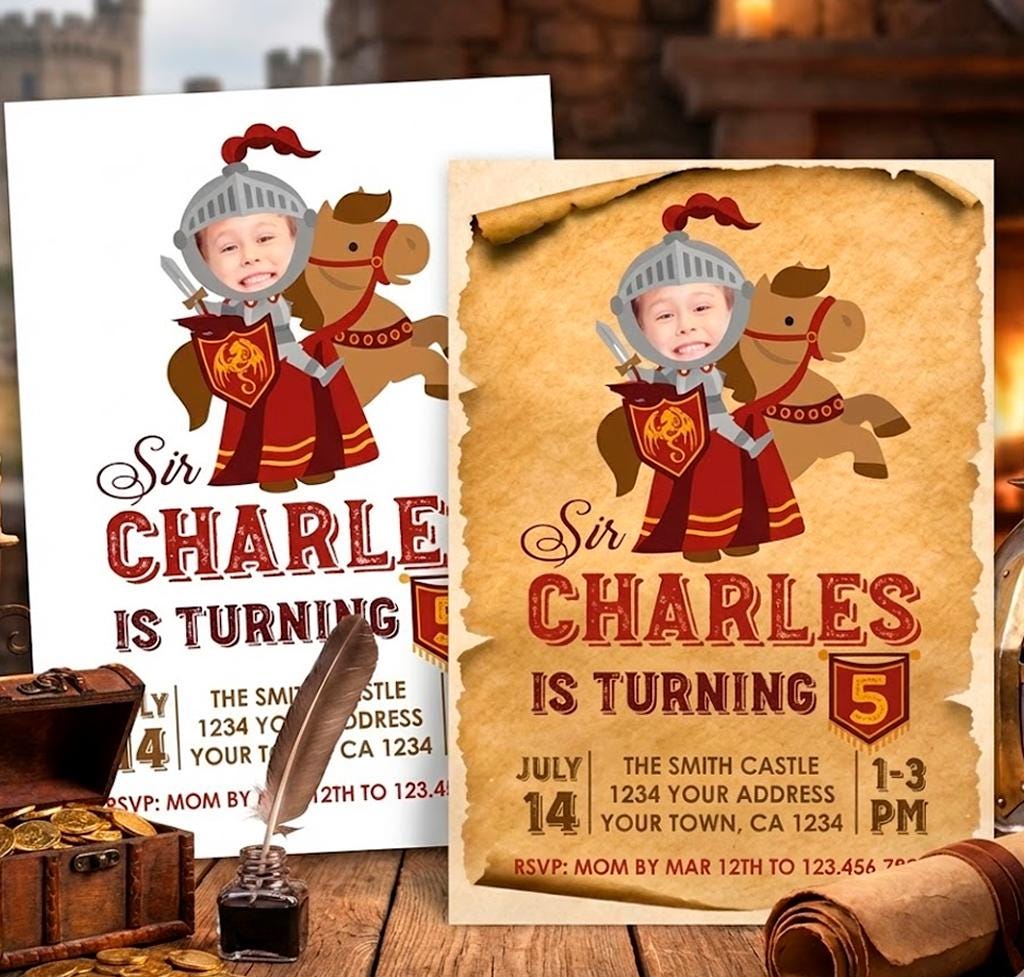 Knight Birthday Party Invitation Personalized with Photo, Digital Printable Design
