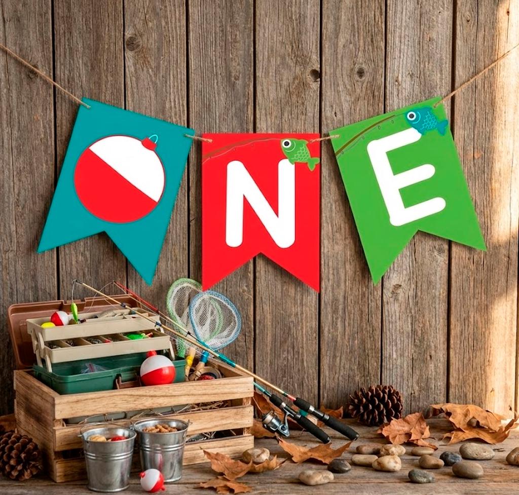 Fishing 1st Birthday Banner Party Printable Decorations, Instant Download