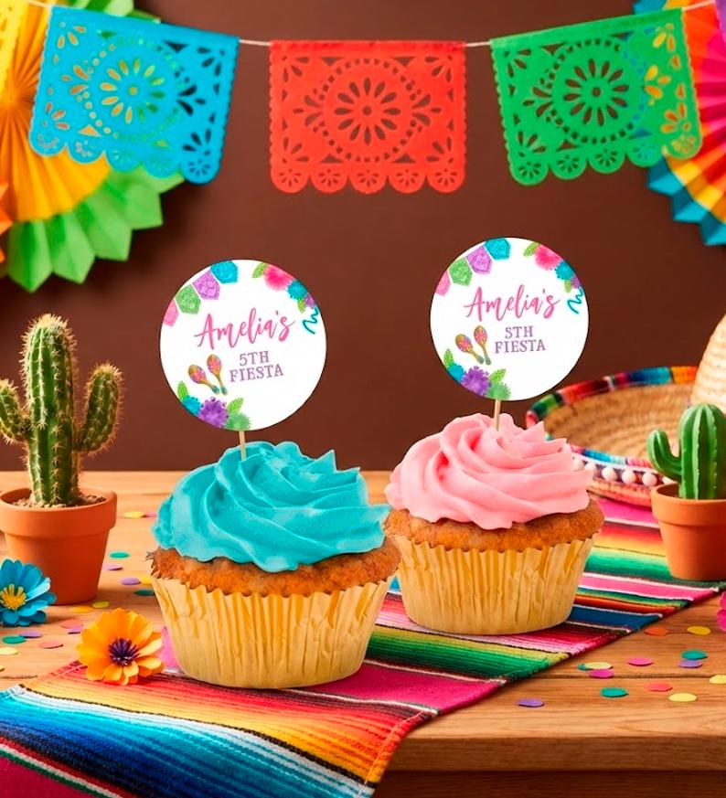 Fiesta Cinco de Mayo Party Toppers Round Tags Editable Templates, Instant Download