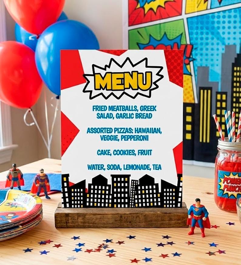 Superhero Birthday Party Menu Editable Sign Template, Instant Download