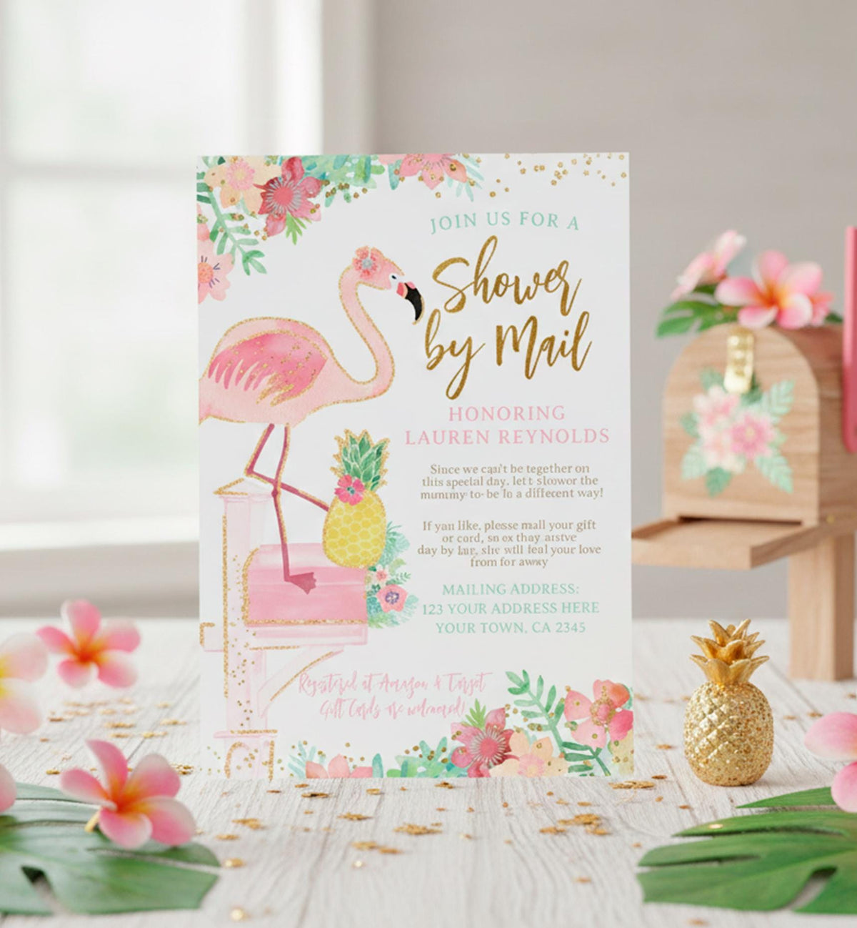 Flamingo Baby Shower by Mail Invitation EDITABLE Template, INSTANT DOWNLOAD