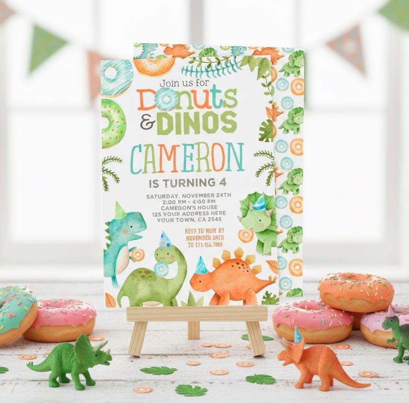 Donuts and Dinosaurs Birthday Party Invitation Editable Template, INSTANT DOWNLOAD