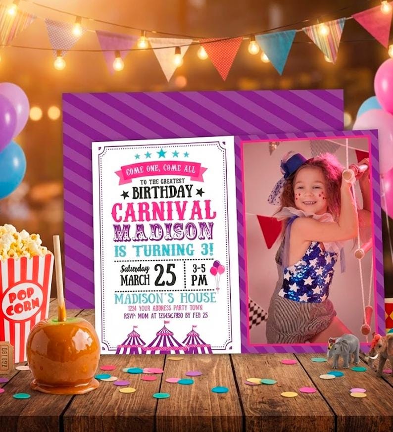 Carnival Birthday Party Invitation Editable Template, Instant Download