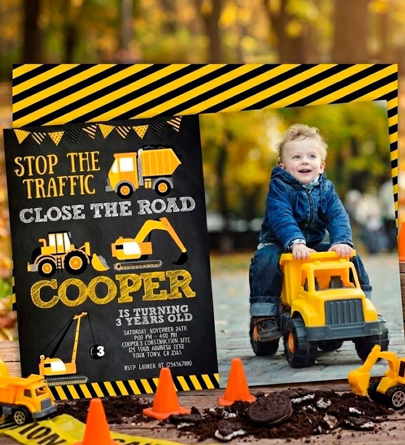 Construction Birthday Invitation with Photo, Editable Dump Truck Party (Digital Invitation)