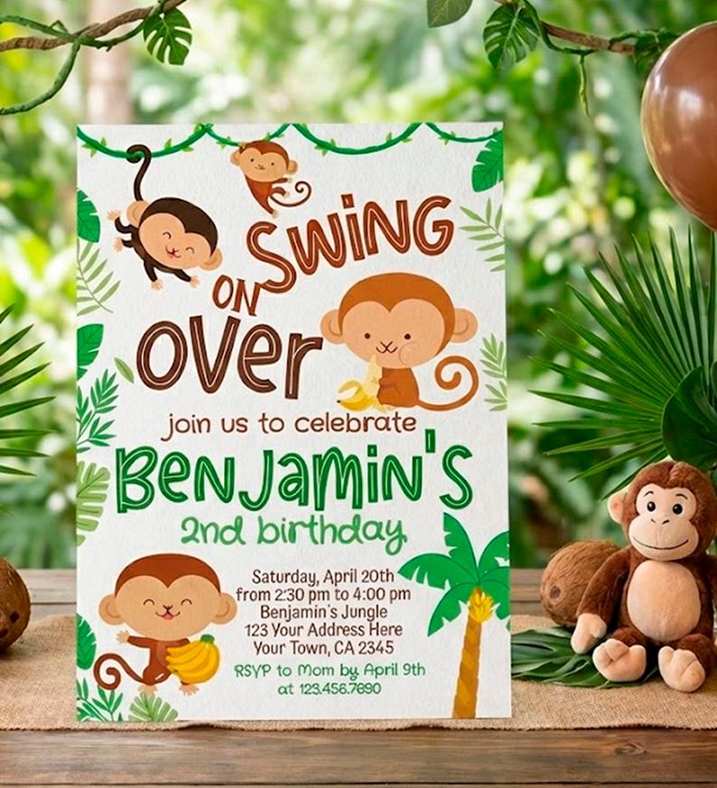 Monkey Birthday Invitation Editable Template, Instant Download