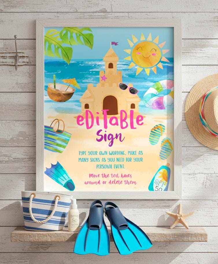 Beach Birthday Party Editable Sign Template, Sand Castle Printable Decorations, Instant Download
