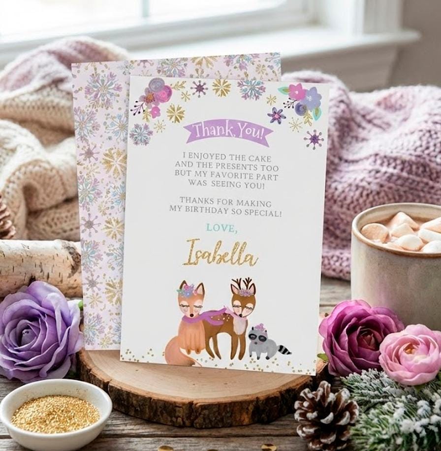 Winter Woodland Thank You Card, Girl Birthday (Editable Digital Download)