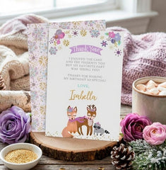 Winter Woodland Thank You Card, Girl Birthday (Editable Digital Download)