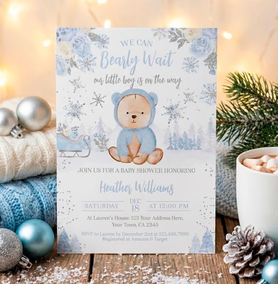 Bear Baby Shower Invitation Editable Template, Winter Shower, Instant Download