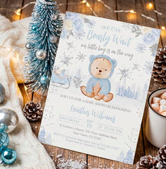 Bear Baby Shower Invitation Editable Template, Winter Shower, Instant Download