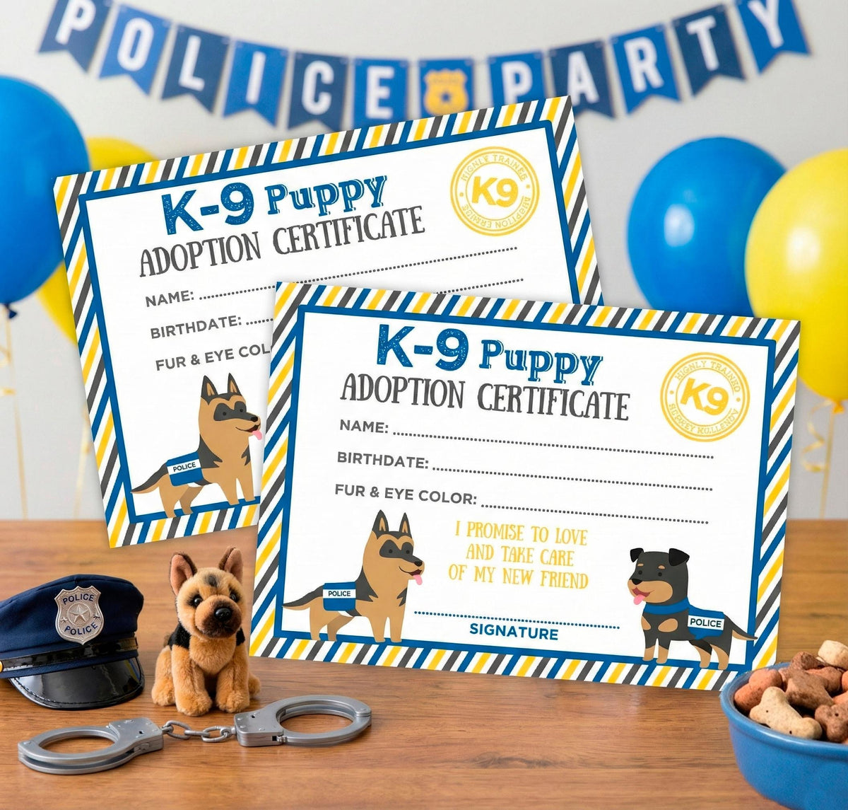 K9 Puppy Adoption Certificate, Police Party Activity, Instant Download