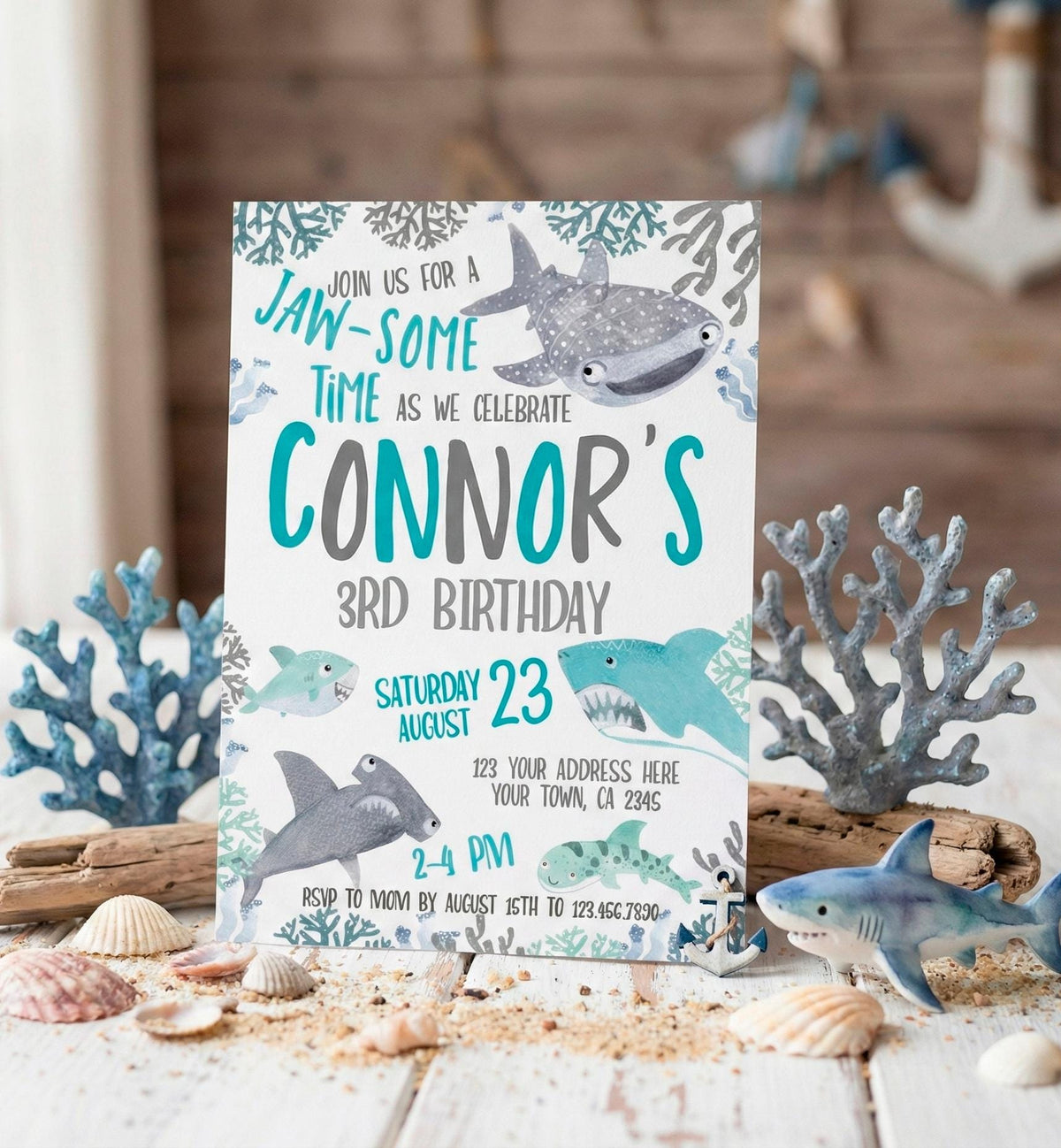 Shark Birthday Party Invitation Editable Template, INSTANT DOWNLOAD
