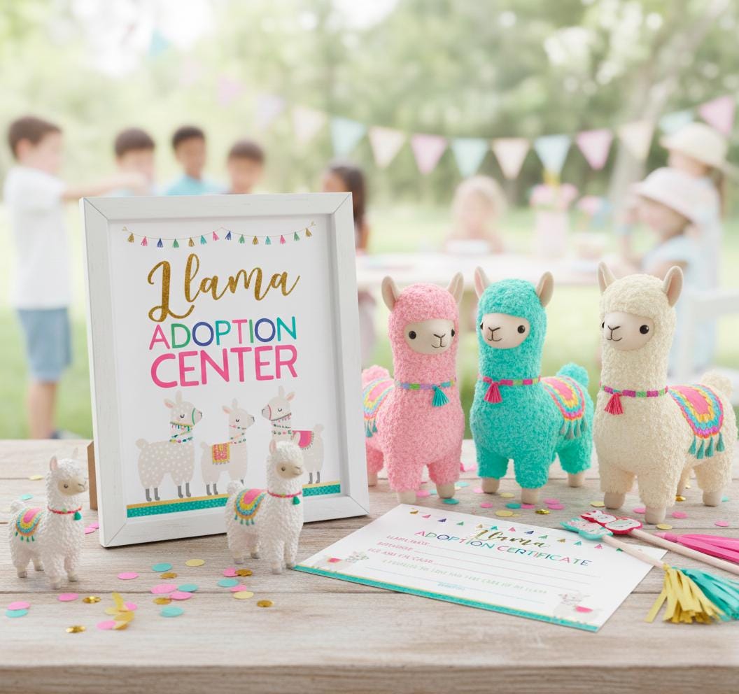 Llama Pet Adoption Party Activity Center Sign and Certificate, Instant Download