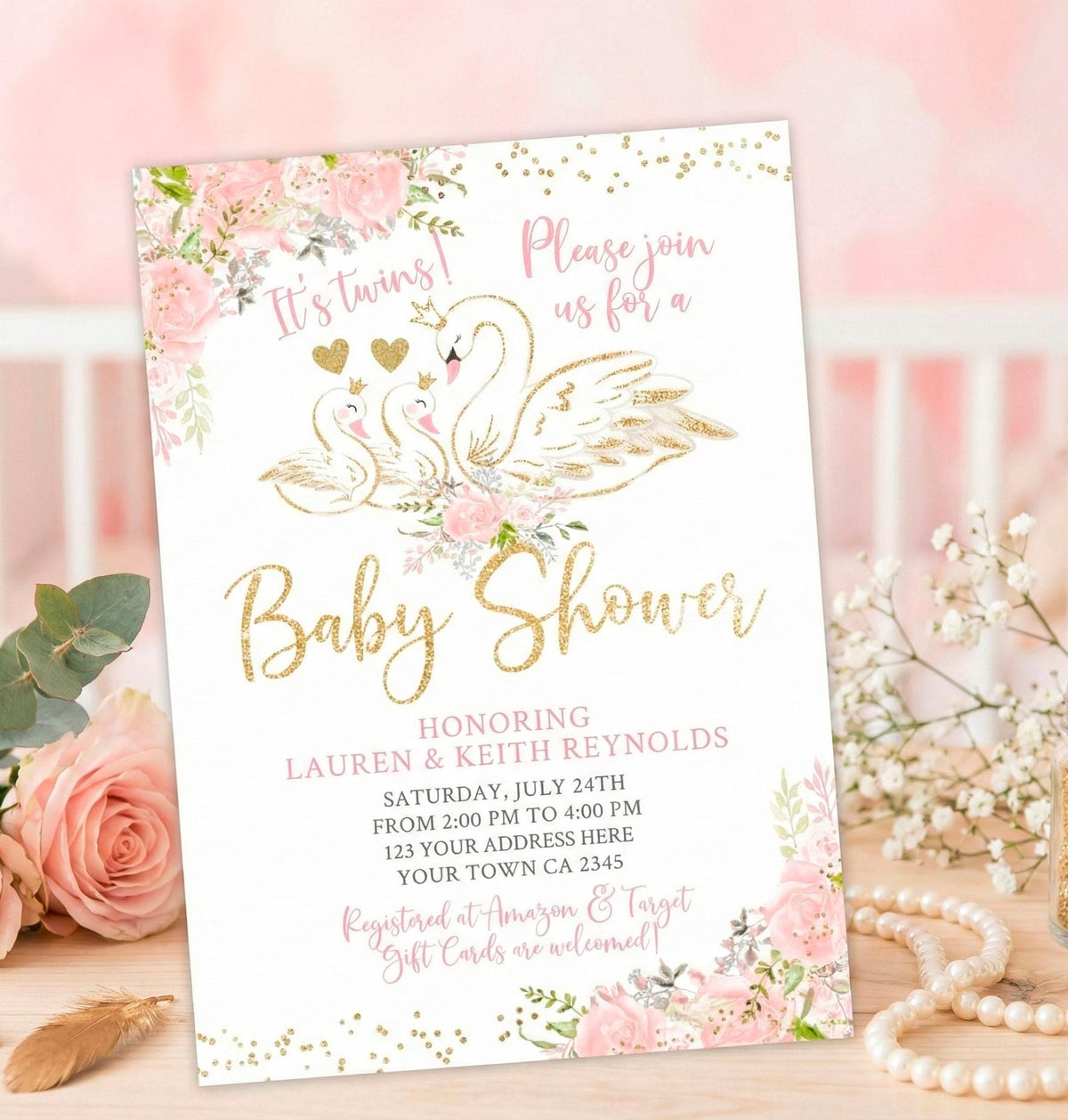Swan Twins Baby Shower Invitation Editable Template, INSTANT DOWNLOAD