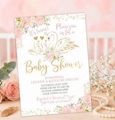 Swan Twins Baby Shower Invitation Editable Template, INSTANT DOWNLOAD