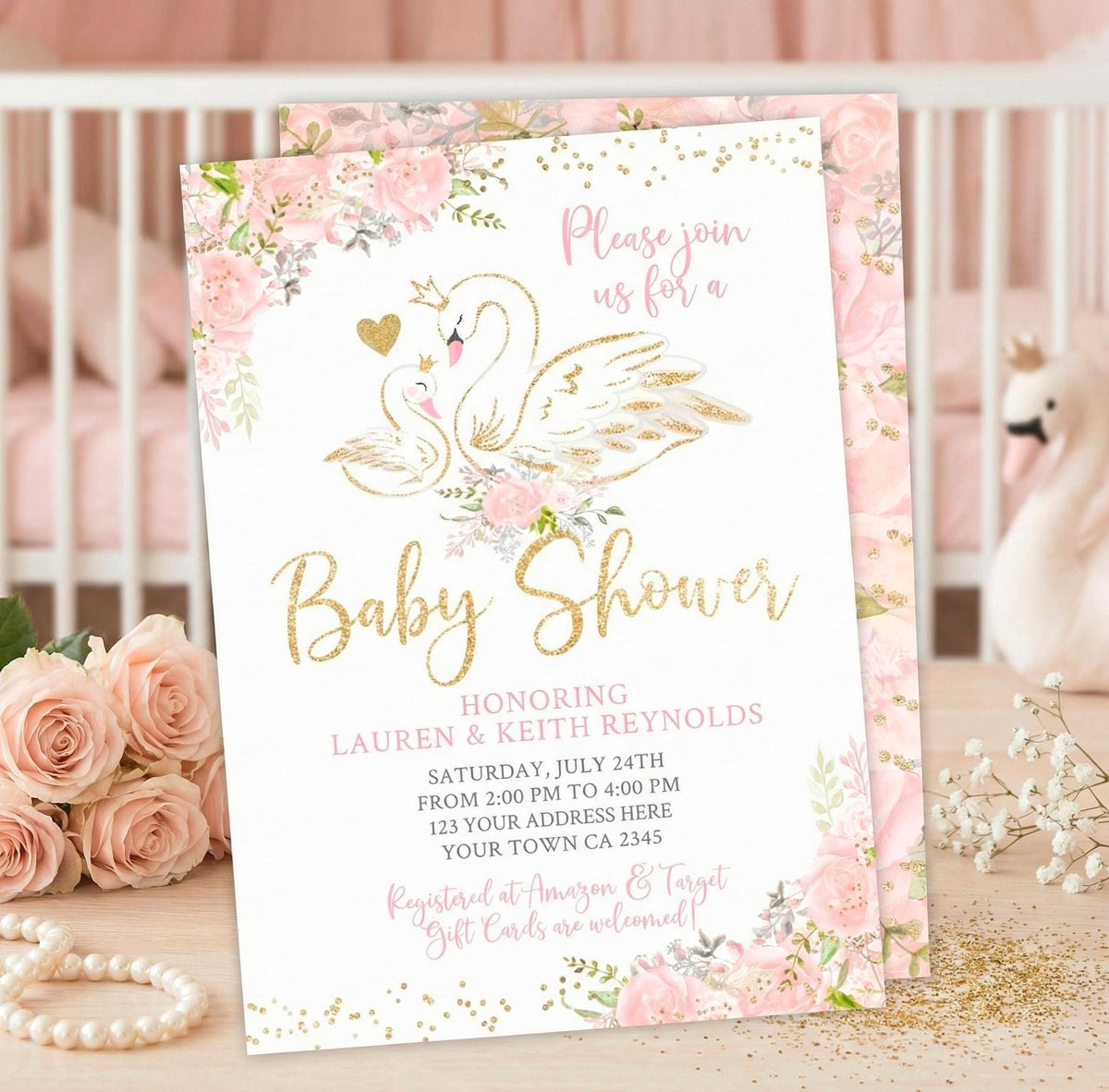 Swan Baby Shower Invitation Editable Template, INSTANT DOWNLOAD