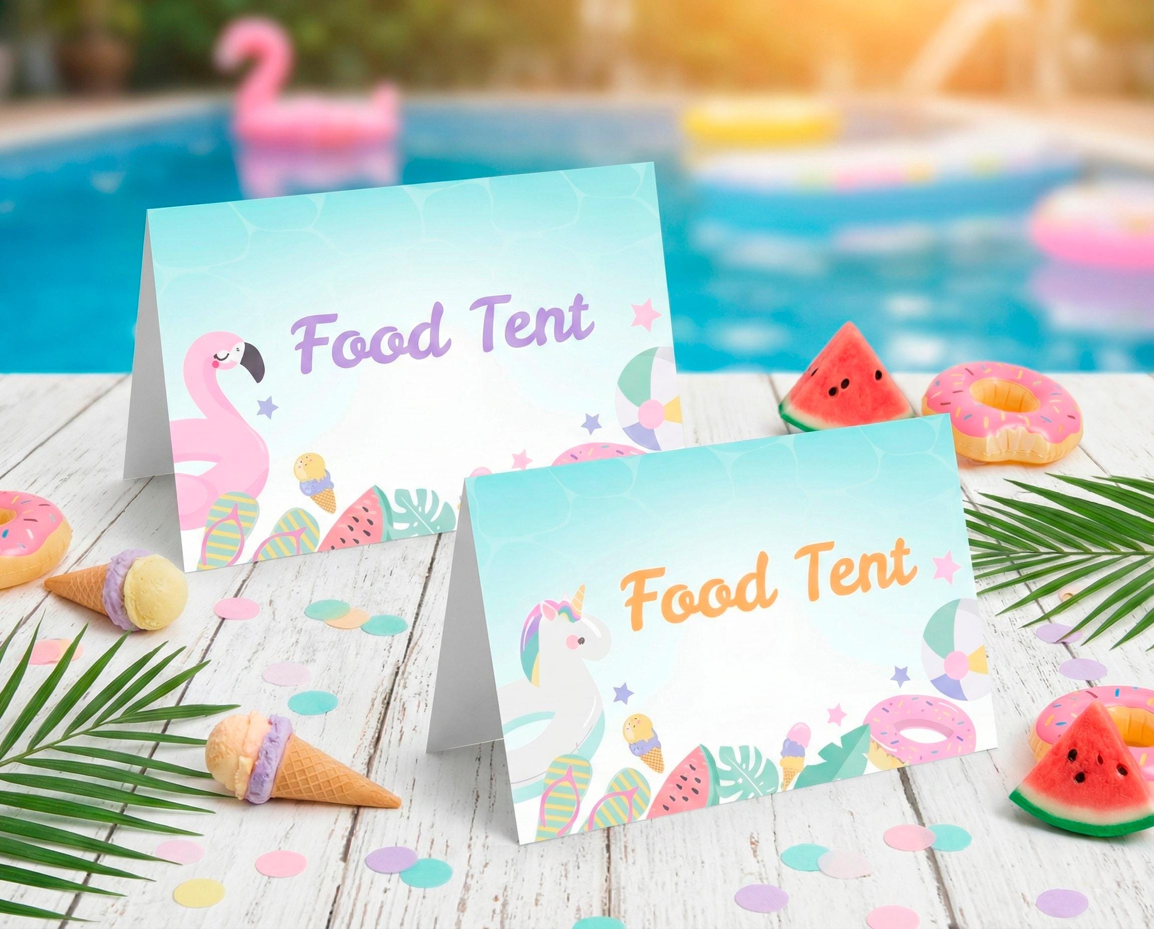 Pool Birthday Party Food Tents EDITABLE Template, Instant Download