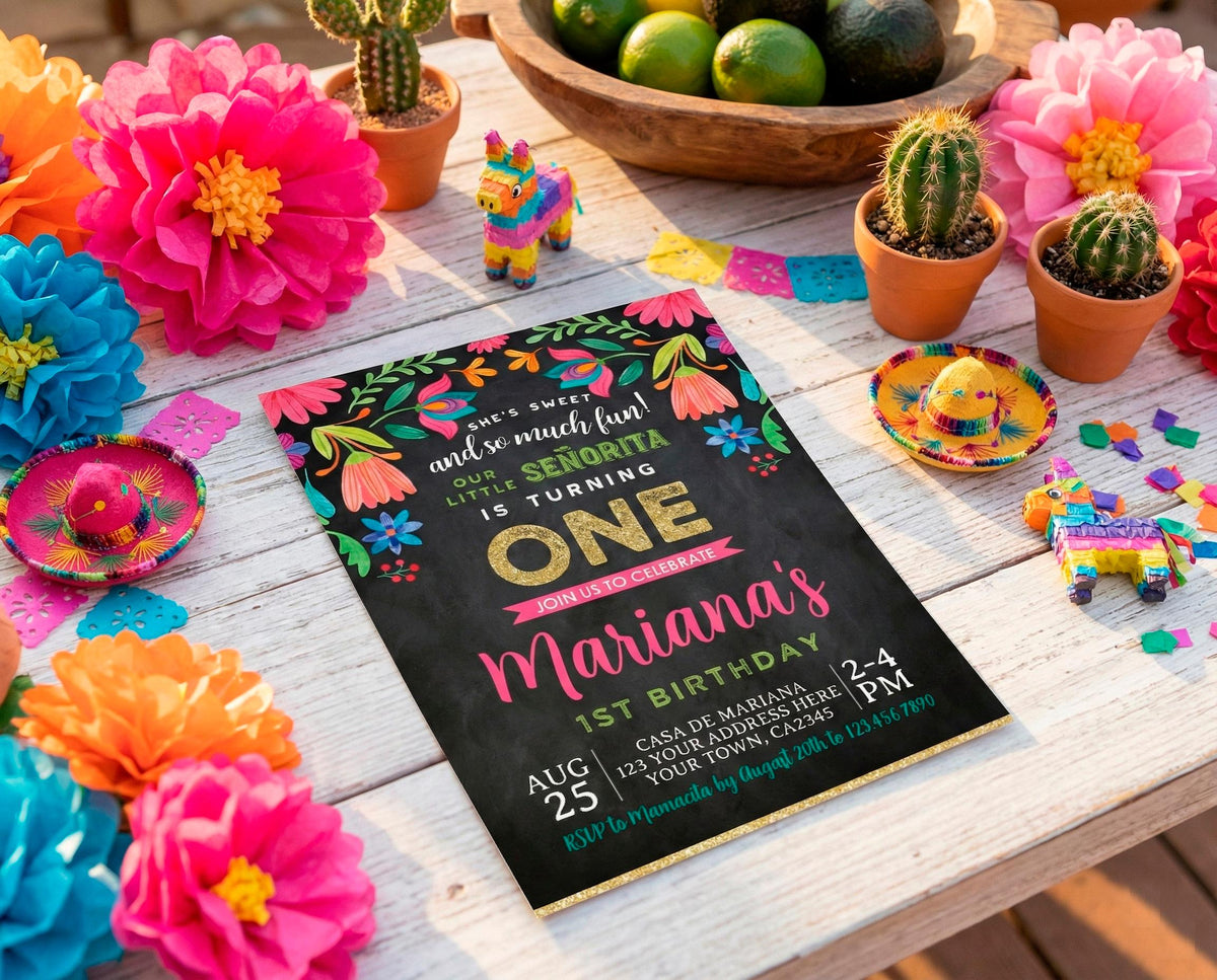 Fiesta 1st Birthday Floral Invitation, Editable Digital Invite, Instant Download