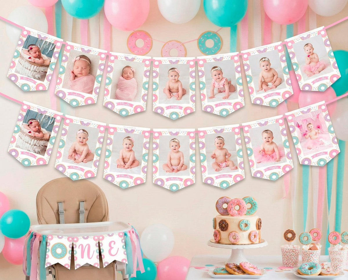 Donut 1st Birthday Monthly Photo Banner EDITABLE Template, Instant Download
