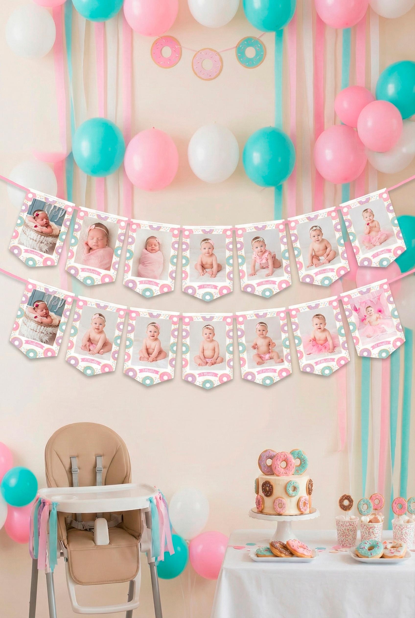 Donut 1st Birthday Monthly Photo Banner EDITABLE Template, Instant Download