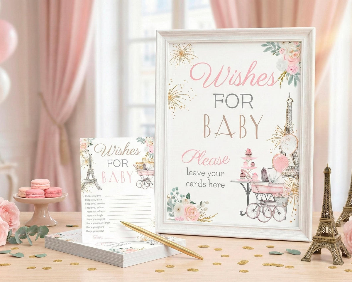 Paris Baby Shower Wishes for Baby Cards & Sign, Eiffel Tower Theme